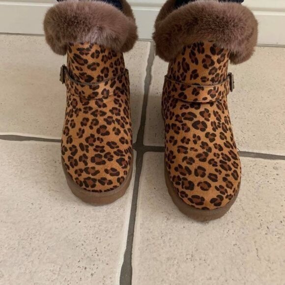 NIB Leopard Fur Short Durable Ankle Vegan Suede Bootie Warm Winter Women's 5 - Picture 4 of 9